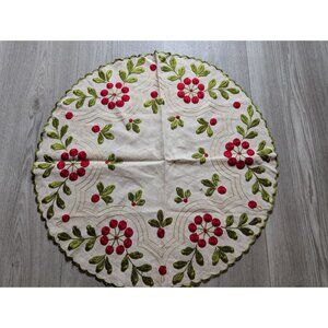 Vintage Round Linen Tablecloth With Red & Green Embroidery Floral Design 20"